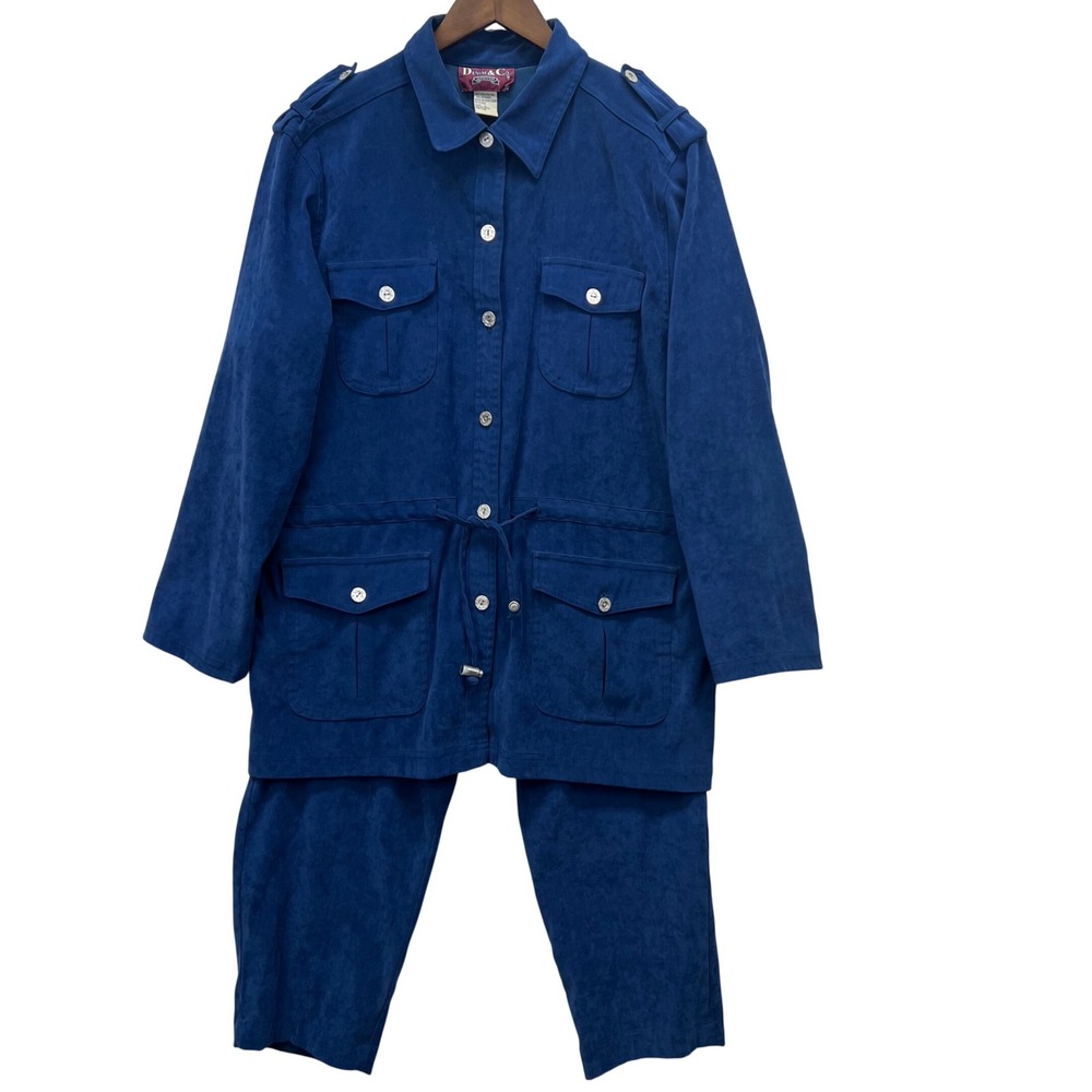 Denim & Co Womens Blue Faux Suede Utility Jacket and Pants 2 Piece Set Large VTG